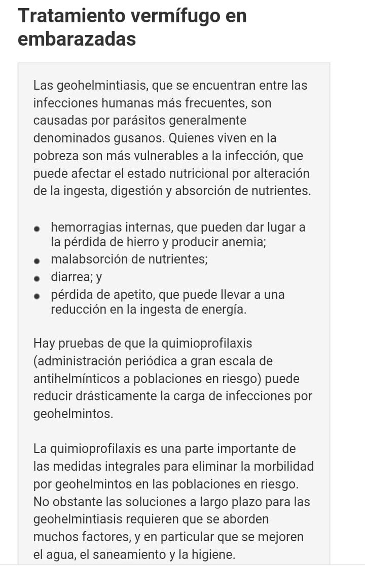 Recomendación OMS  uso de antihelmínticos durante el embarazo